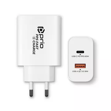 65W Fast Charge Wall Charger PD (USB C) + QC 3.0 (USB A) Fehér - prio