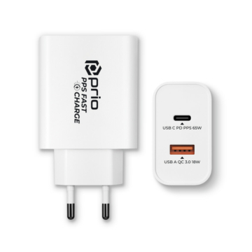 65W Fast Charge Wall Charger PD (USB C) + QC 3.0 (USB A) Fehér - prio