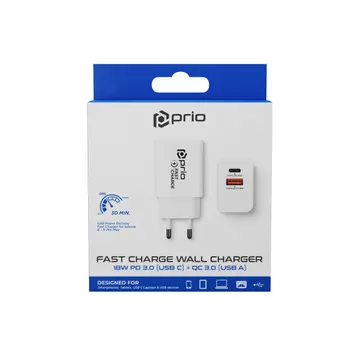 prio Fast Charge Fali töltő 18W PD (USB C)+QC 3.0(USB A) Fehér