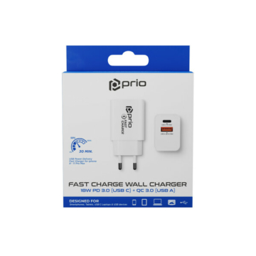 prio Fast Charge Fali töltő 18W PD (USB C)+QC 3.0(USB A) Fehér