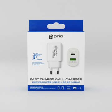prio Fast Charge Wall Charger 25W PD PPS (USB C)+QC 3.0 (USB A) Fehér