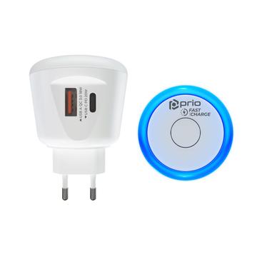 prio Fast Charge Wall Charger 20W PD (USB C) + QC 3.0 (USB A) Kék Éjszakai Örfénnyel (Kék szín)