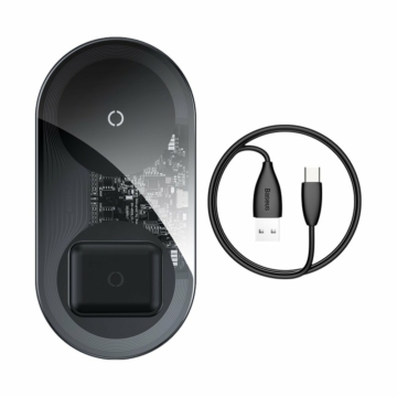 Baseus Simple 2in1 vezeték nélküli telefon és airpods Qi töltő 15W áttetsző/fekete