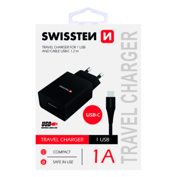 Töltőfej + Android (USB-C) kábel - Swissten - fekete