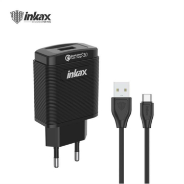 Töltőfej + USB-C 1M kábel - Fekete - INKAX CD-53 QC 3.0 - Quick Charge/Gyorstöltés