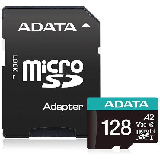 Adata - Memória kártya (AUSDX128GUI3V30SA2-RA1) - MicroSDXC, Adapter, Class 10, UHS-I U1, 128GB, Read 100MB/s - Black