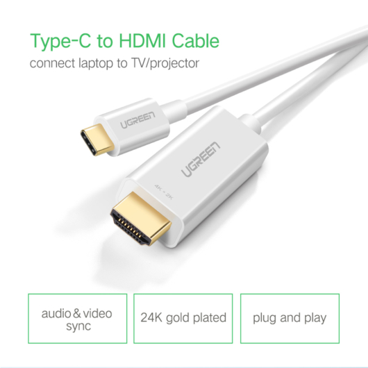 Ugreen - Video Cable Adapter (30841) - Type-C to HDMI, 4K@30Hz, 1.5m - Fehér