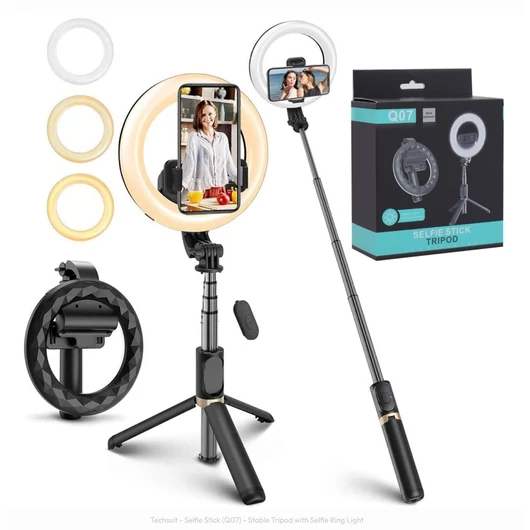 Techsuit - Selfie Stick (Q07) - Stable Tripod with Selfie Ring Light, Bluetooth Remote Control, 80cm - Fekete