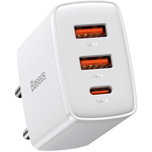 30W Baseus Compact fali töltő adapter 2xUSB + Type C  - PD 3.0 QC 3.0 - fehér 